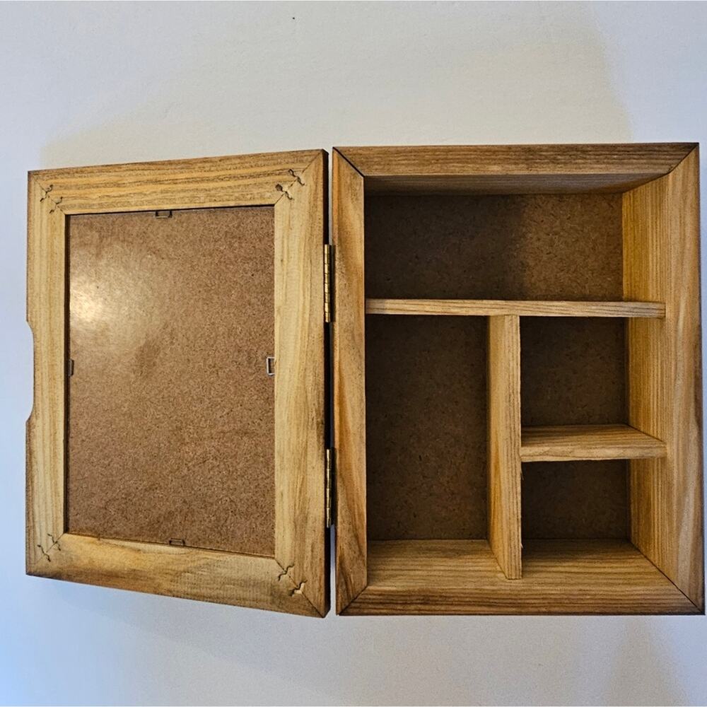 Vintage Wooden Compartment Jewelry Storage Box Exchangeable Picture Oak 90s